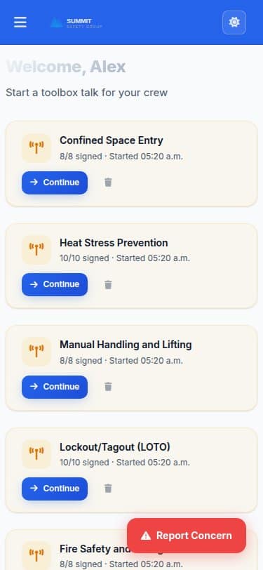 Toolbox talks on mobile